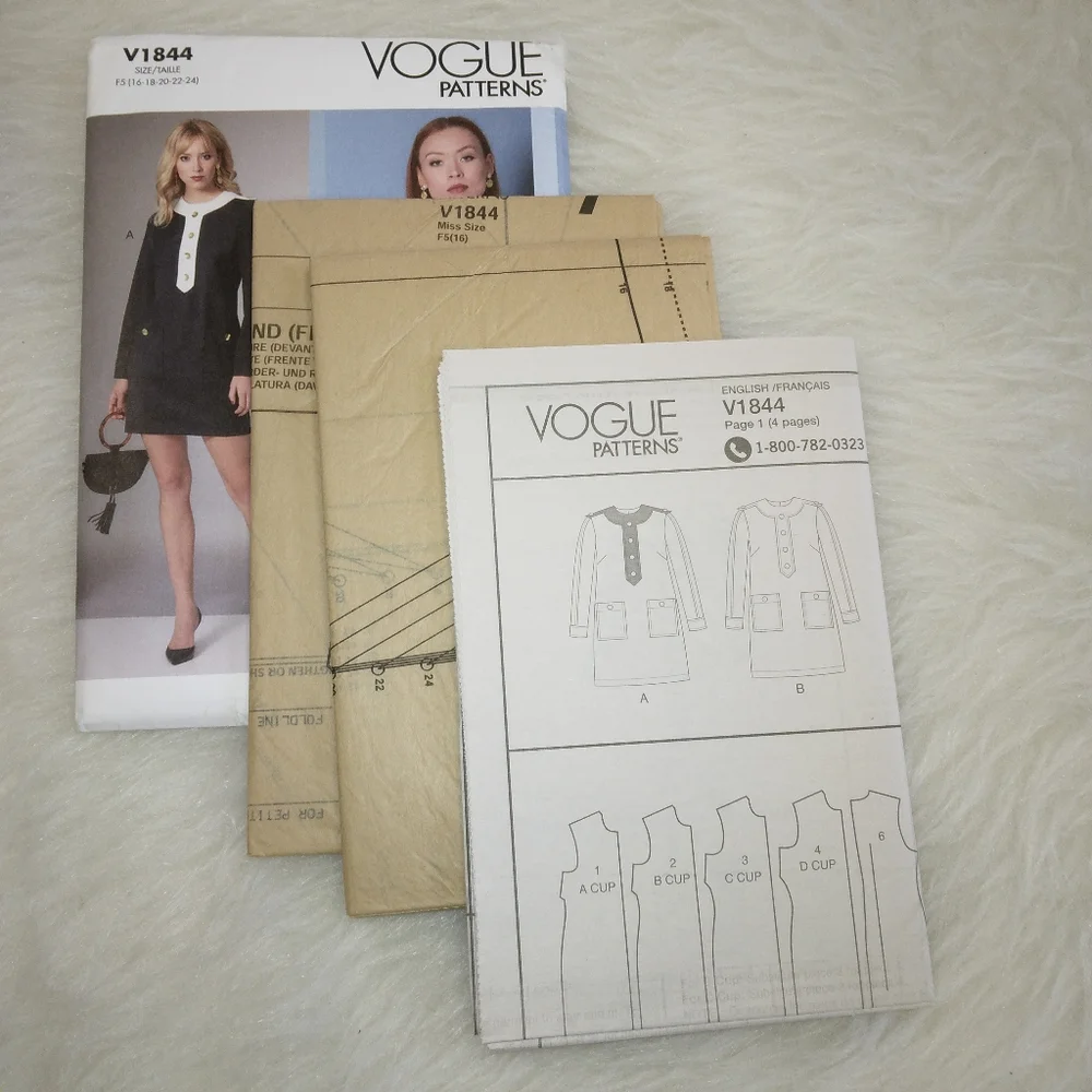 VOGUE V1844 Sz 16-24 Misses Lined Fitted Dress With Center Front Banding